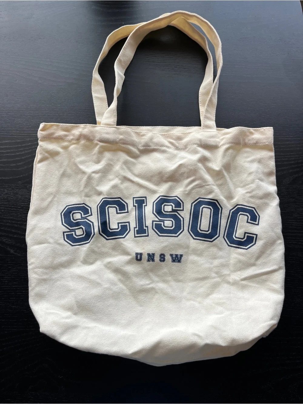 UNSW SCISOC Off White Canvas Tote Bag Small Navy Blue Graphic Print Pockets